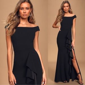 Lulu’s • Mila Black Ruffled Off-the-Shoulder Maxi Dress gown prom formal slit